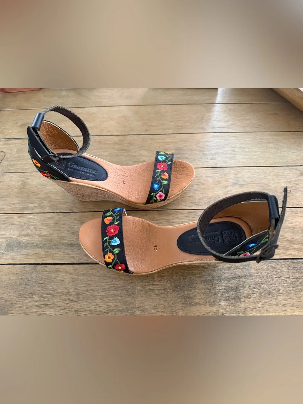 Embroidered Floral Ankle-Strap Wedges in Black